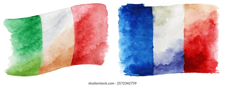 Watercolor flags, Italian flag, French flag, vibrant colors, artistic design, cultural symbols, patriotic imagery.