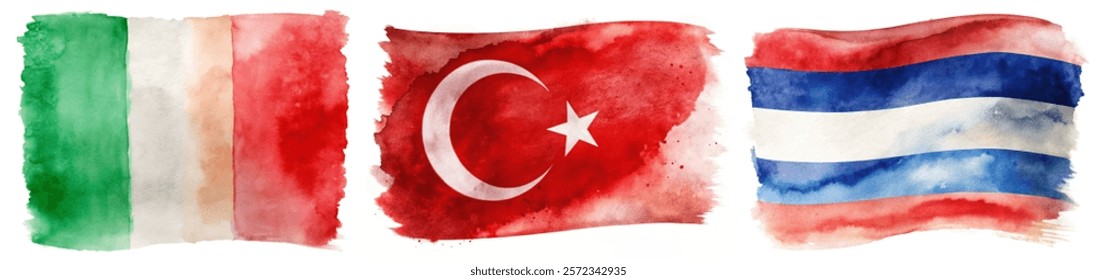 Watercolor flags, Italy flag, Turkey flag, Cuba flag, vibrant colors, artistic style, cultural representation.