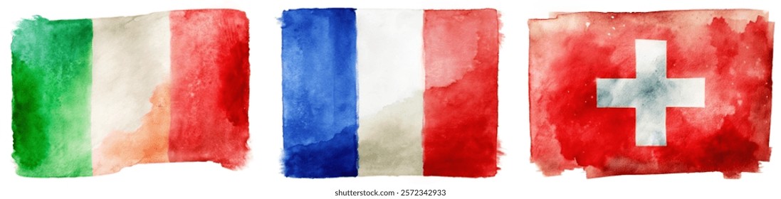 Watercolor flags, Italy France Switzerland, vibrant colors, artistic style, cultural representation, national symbols.