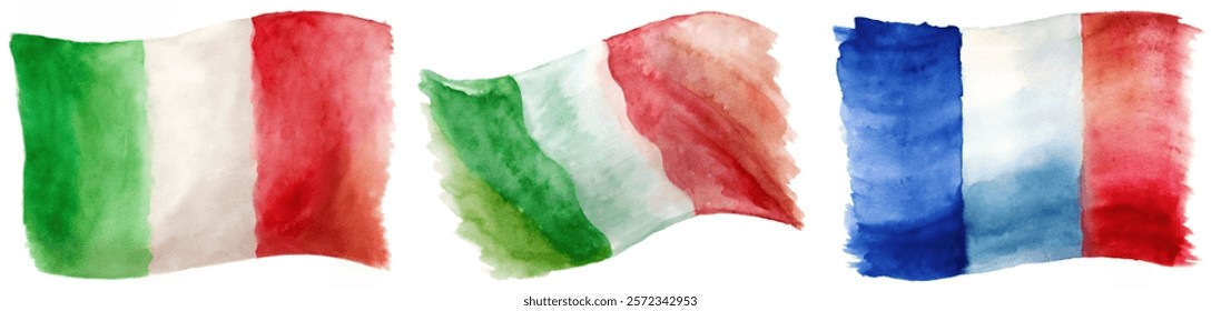 Watercolor flags, Italy and France, vibrant colors, artistic representation, cultural symbols, decorative elements.