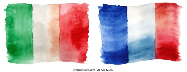 Watercolor flags, Italy and France, vibrant colors, artistic representation, cultural symbols, creative design, patriotic themes.