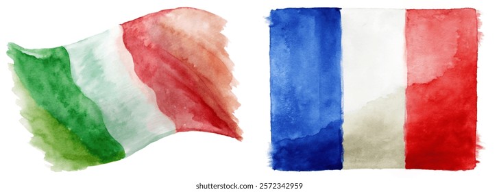 Watercolor flags, Italy and France, vibrant colors, artistic design, cultural symbols, patriotic representation.