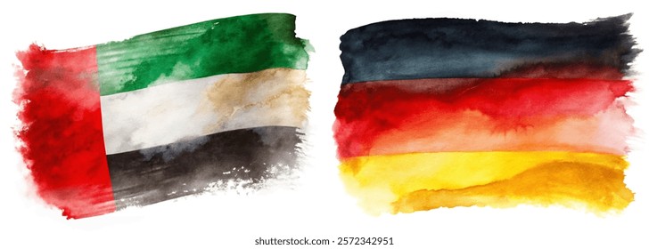 Watercolor flags, Italy and Germany, vibrant colors, artistic style, cultural representation, international relations.