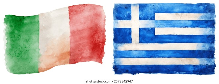 Watercolor flags, Italy and Greece, vibrant colors, artistic representation, cultural symbols, travel themes.