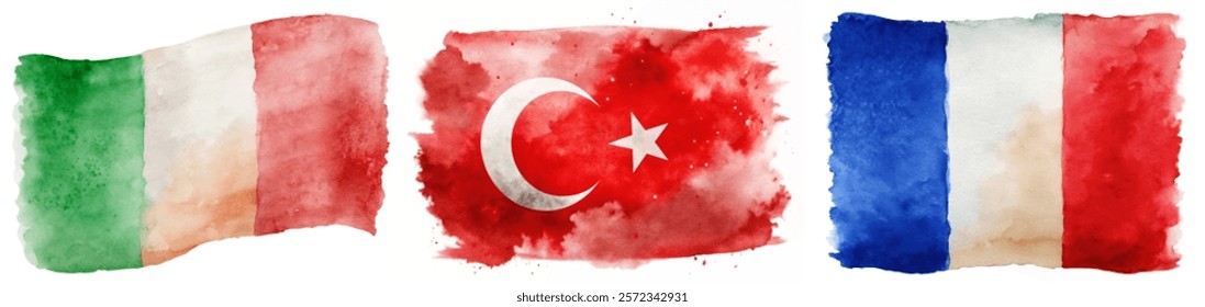 Watercolor flags, Italy, Turkey, France, vibrant colors, artistic style, cultural representation, decorative elements.