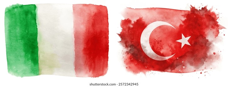 Watercolor flags, Italy and Turkey, vibrant colors, artistic representation, cultural symbols, graphic design.