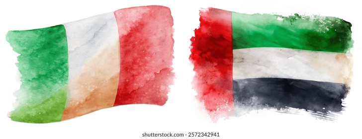 Watercolor flags, Italy and UAE, vibrant colors, artistic representation, cultural symbols, international relations, decorative art.