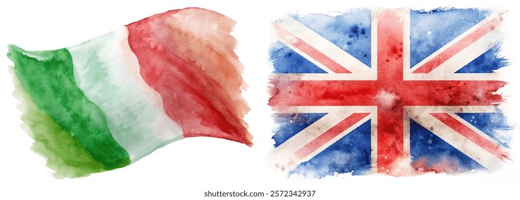 Watercolor flags, Italy and UK, vibrant colors, artistic representation, cultural symbols, international relations, decorative art.