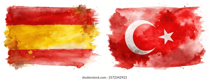 Watercolor flags, Spain and Turkey, vibrant colors, artistic representation, cultural symbols, creative design.