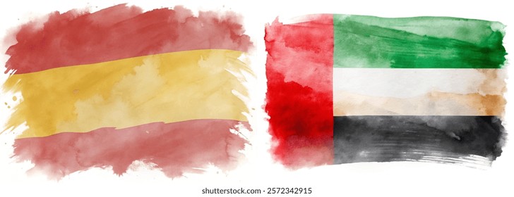 Watercolor flags, Spain and UAE, vibrant colors, artistic representation, cultural symbols, international relations, creative design.