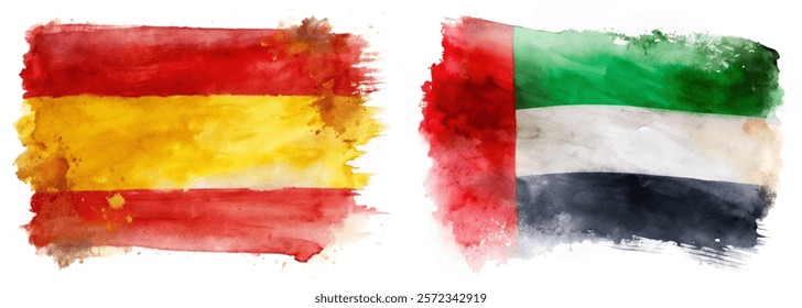 Watercolor flags, Spain and UAE, vibrant colors, artistic representation, cultural symbols, international relations, creative design.