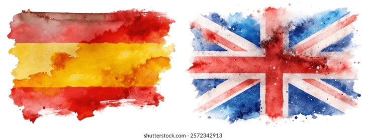 Watercolor flags, Spain and UK, vibrant colors, artistic representation, cultural symbols, international relations, decorative design.