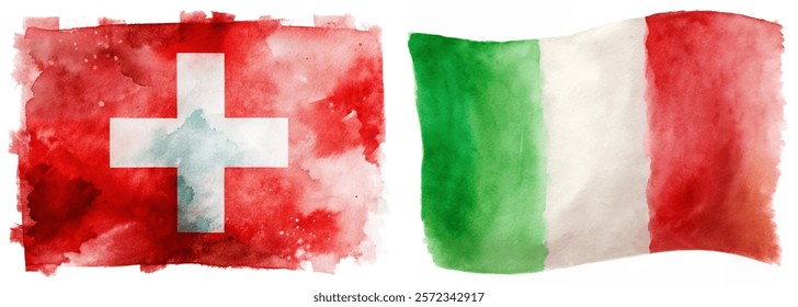 Watercolor flags, Swiss flag, Italian flag, vibrant colors, artistic representation, cultural symbols, national pride.