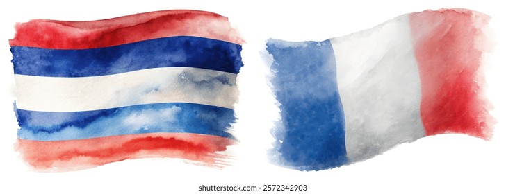 Watercolor flags, Thailand and France, artistic representation, vibrant colors, cultural symbols, decorative elements.