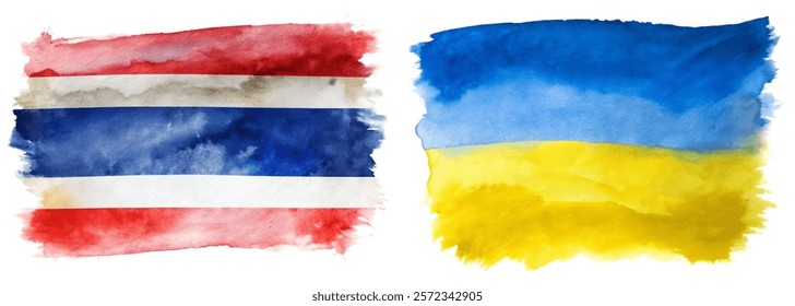 Watercolor flags, Thailand and Ukraine, vibrant colors, artistic representation, cultural symbols, creative design, patriotic imagery.