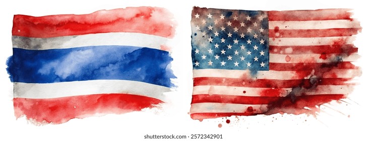 Watercolor flags, Thailand and USA, artistic representation, vibrant colors, cultural symbols, patriotic imagery.