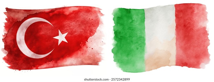 Watercolor flags, Turkey and Italy, vibrant colors, artistic representation, cultural symbols, international relations, creative design.