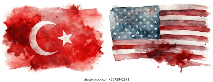 Watercolor flags, Turkey and USA, vibrant red hues, artistic representation, cultural symbolism, patriotic imagery.