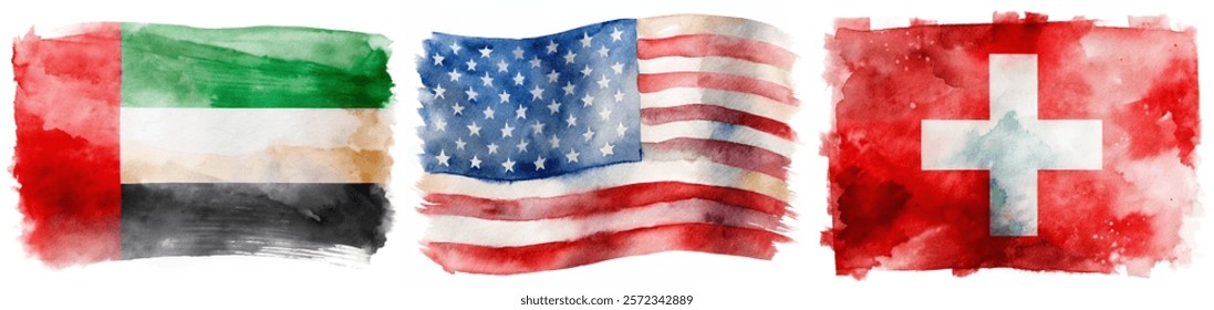 Watercolor flags, UAE flag, USA flag, Swiss flag, artistic representation, vibrant colors, cultural symbols.