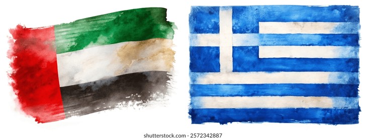 Watercolor flags, UAE and Greece, vibrant colors, artistic representation, cultural symbols, international relations, abstract design.