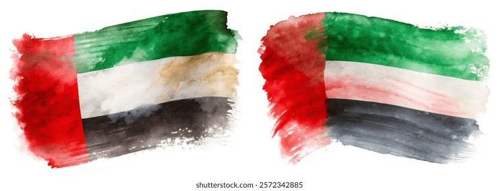 Watercolor flags, UAE national colors, artistic brush strokes, vibrant design, cultural representation, patriotic imagery.