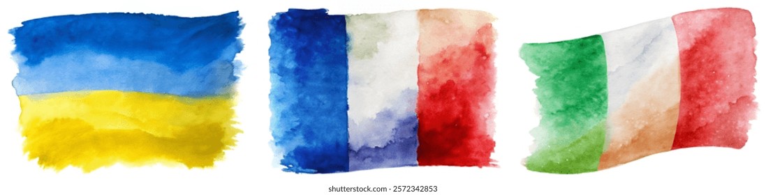 Watercolor flags, vibrant colors, artistic representation, Ukraine France Italy, cultural symbols, decorative elements.