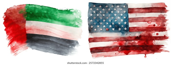 Watercolor flags, vibrant colors, artistic representation, cultural symbols, national pride, USA and Sudan.