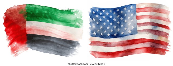 Watercolor flags, vibrant colors, artistic representation, cultural symbols, USA and UAE, patriotic imagery, creative design.