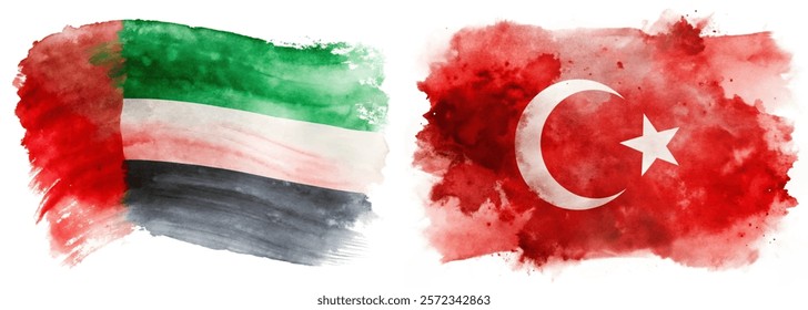 Watercolor flags, vibrant colors, artistic representation, national symbols, cultural identity, Turkey and UAE.