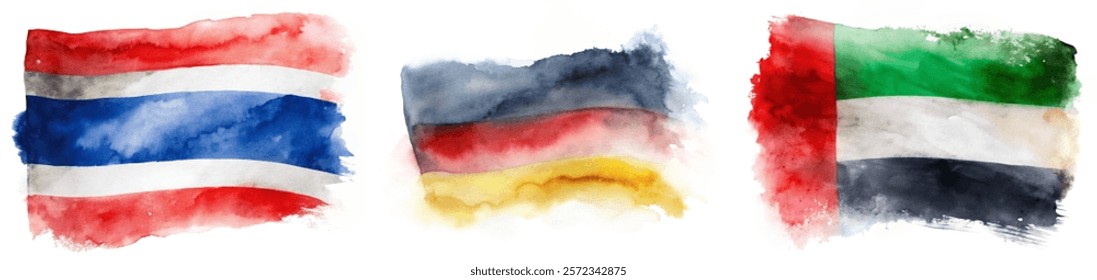 Watercolor flags, vibrant colors, artistic representation, Thailand, Germany, UAE, cultural symbols, abstract design.