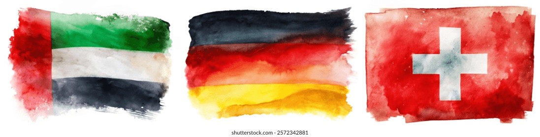 Watercolor flags, vibrant colors, artistic representation, UAE Germany Switzerland, cultural symbols, abstract design.