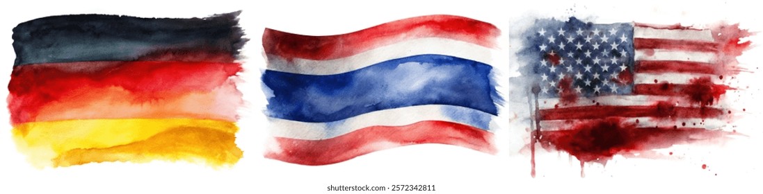 Watercolor flags, vibrant colors, Germany, Thailand, USA, artistic representation, cultural symbols, patriotic imagery.