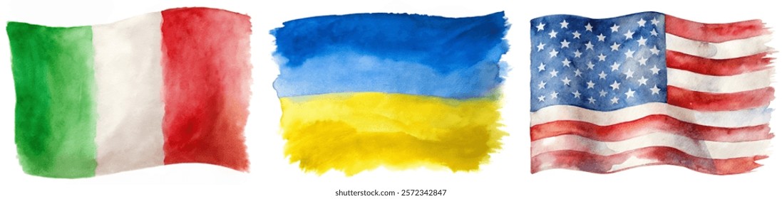 Watercolor flags, vibrant colors, Italy, Ukraine, USA, artistic representation, cultural symbols, patriotic imagery.