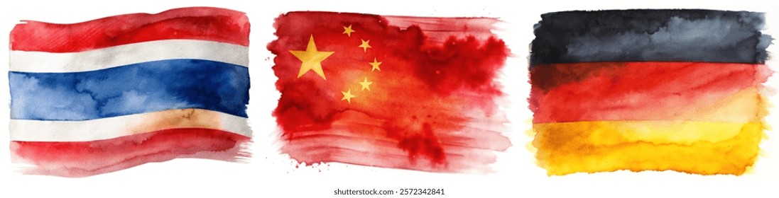 Watercolor flags, vibrant colors, Thailand, China, Germany, artistic representation, cultural symbols, global unity.