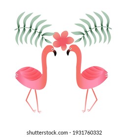 Watercolor flamingo bird pink leaf green summer concept.