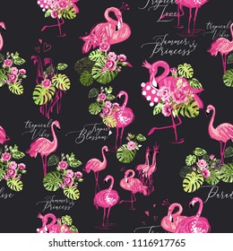 Watercolor flamingo and monstera seamless pattern. Pink vector with green on black background with exotic pink birds and tropical leaves, flowers. Hand drawn illustration of flamingo.