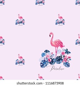 Watercolor flamingo paradise pattern. Seamless background with pink flamingo and exotic monstera leaves, rose flowers. Colorful hand drawn pattern with tropic birds and foliage.