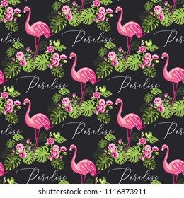 Watercolor flamingo paradise pattern. Seamless background with pink flamingo and exotic monstera leaves, rose flowers. Colorful hand drawn pattern with tropic birds and foliage.
