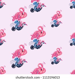 Watercolor flamingo pattern. Endless background with pink flamingo bird with king crown. Hand drawn illustrations in repeatable fashion pattern.
