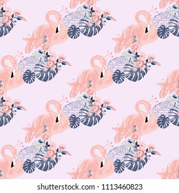 Watercolor flamingo pattern. Endless background with soft pink flamingo bird with king crown. Hand drawn illustrations in repeatable fashion pattern.