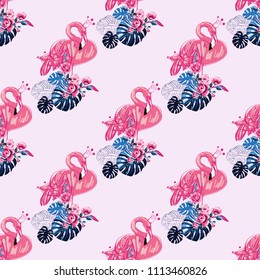 Watercolor flamingo pattern. Endless background with pink flamingo bird with king crown. Hand drawn illustrations in repeatable fashion pattern.