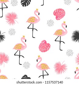 Watercolor Flamingo seamless pattern. Vector background design with pink flamingos and palm leaves.