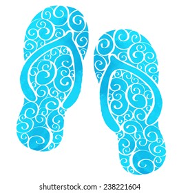 Watercolor flip flop blue sandals with wave pattern, beach shoes closeup isolated on white background 