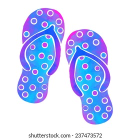 Watercolor flip flop girl sandals, beach shoes closeup isolated on white background