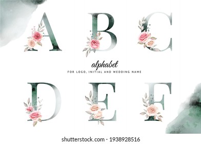 Watercolor floral alphabet set of A, B, C, D, E, F with white and pink flowers . for logo, cards, branding, etc