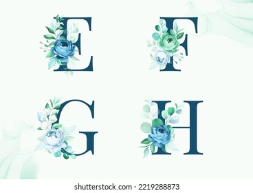 Watercolor floral alphabet set of E, F, G, H with flowers and leaves. Flowers composition for logo, cards, branding, etc