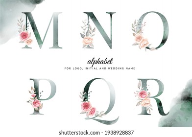 Watercolor floral alphabet set of M, N, O, P, Q, R with white and pink flowers . for logo, cards, branding, etc