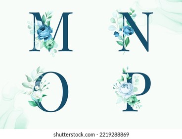 Watercolor floral alphabet set of M, N, O, P with flowers and leaves. Flowers composition for logo, cards, branding, etc