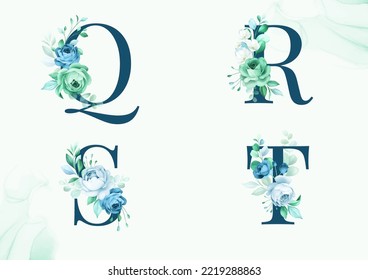 Acuarela floral conjunto de letras Q, R, S, T con flores y hojas. Composición de flores para logotipo, tarjetas, marca, etc.