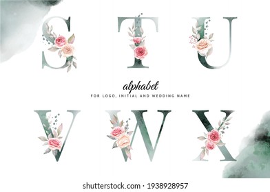 Watercolor floral alphabet set of S, T, U, V, W, X with white and pink flowers . for logo, cards, branding, etc